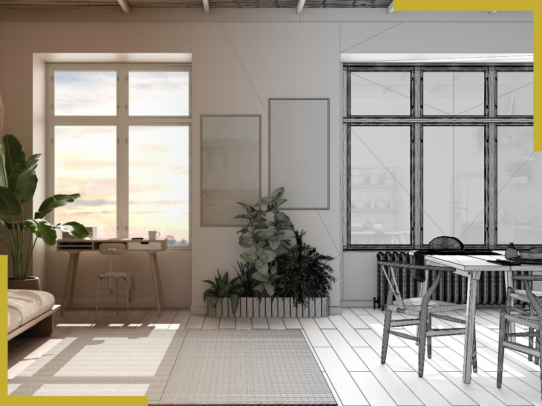 Architectural visualization of a living and dining room that shifts from a warm rendered interior on the left to black-and-white wireframe linework on the right.
