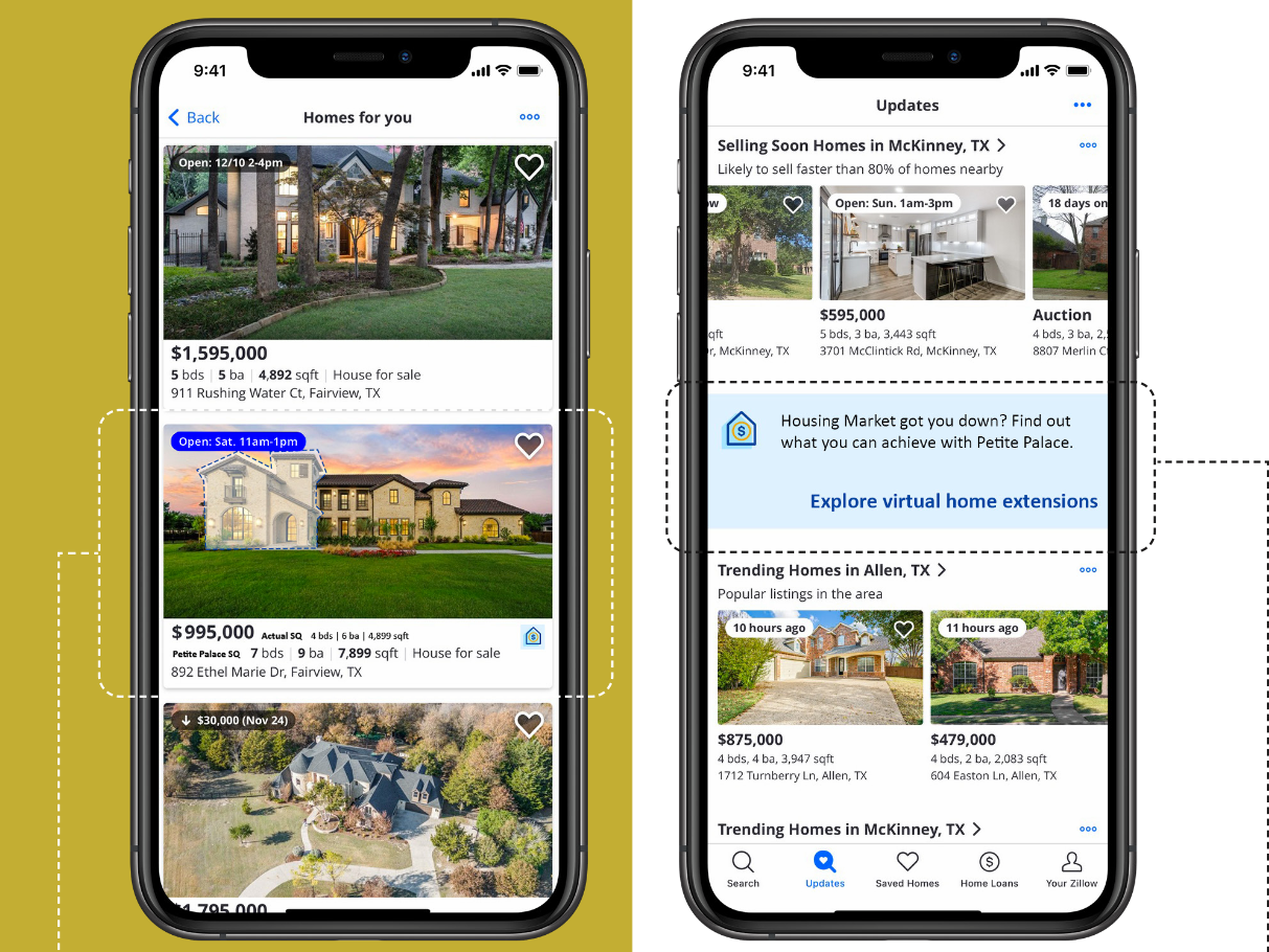 Two phone screens of a home-listing app concept: one shows a listing with a Petite Palace virtual square footage, the other a prompt to explore virtual home extensions.