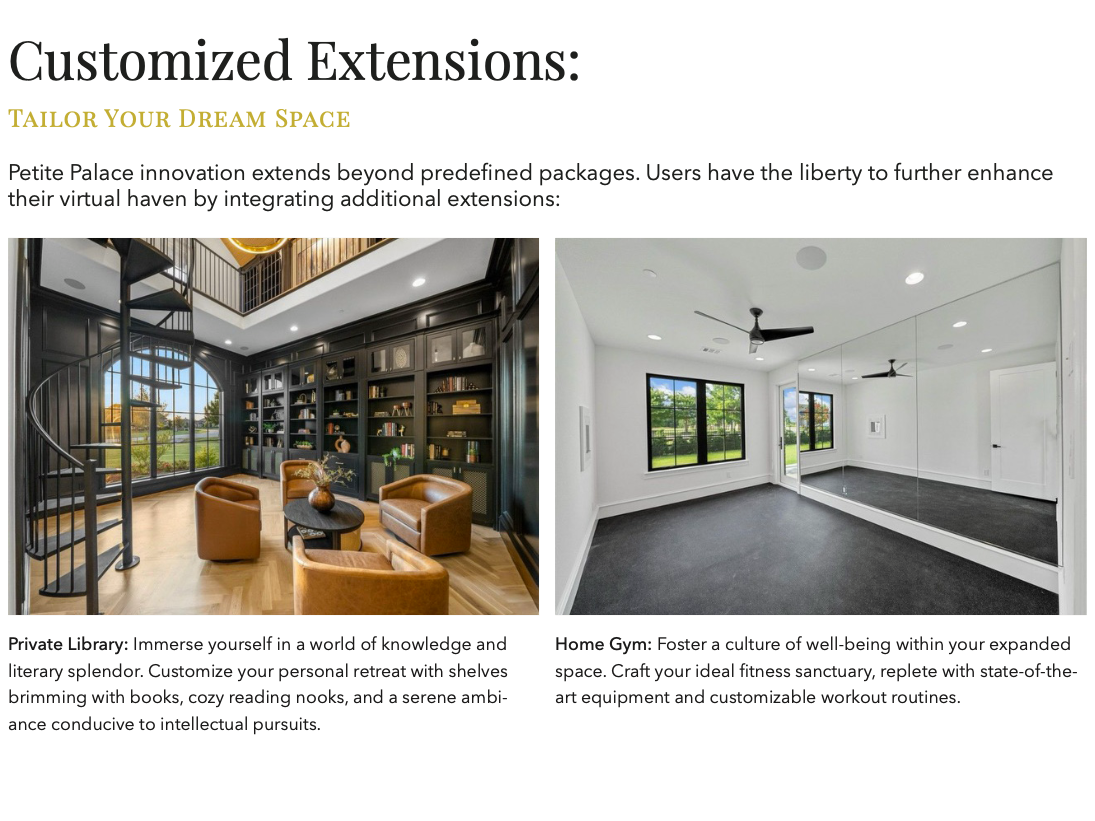 Customized Extensions concept page showing two virtual add-ons: a dark-paneled private library with leather chairs and a spiral stair, and a bright home gym with mirrored walls.