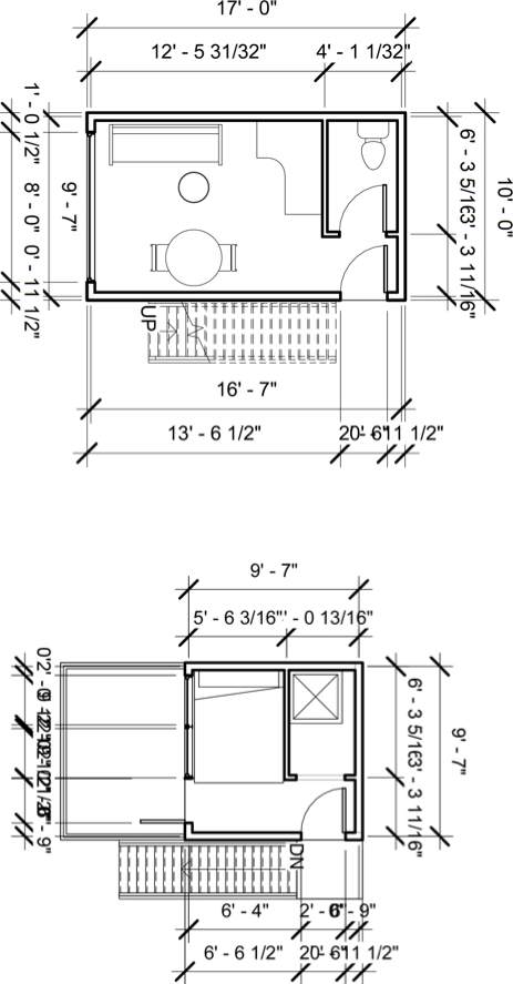 Dimensioned CAD floor plan of the two levels of a small home: a 17 by 10 foot main floor with living area, dining table and bathroom, and a 9 foot 7 inch upper floor with bed and shower.