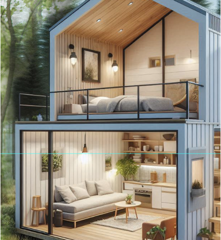 AI-generated cutaway of the two-level structure, with a lofted bedroom under a timber ceiling above a living room and kitchen on the ground floor.
