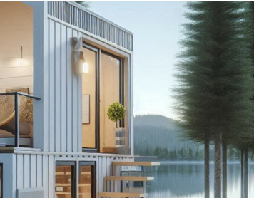 AI-generated exterior of the Recovery Roost: a board-and-batten cabin with tall windows and floating stairs among pines beside a lake.