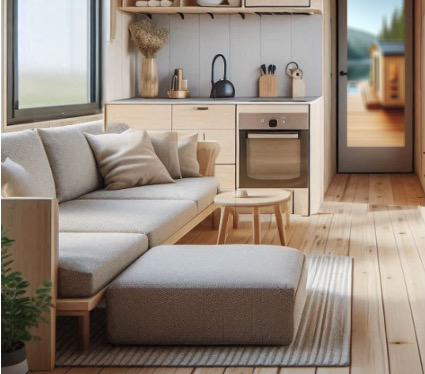 AI-generated interior of the compact living space: a pale linen sectional and ottoman on a light wood floor, with a small kitchen, open shelving and a glass door looking out to the deck.