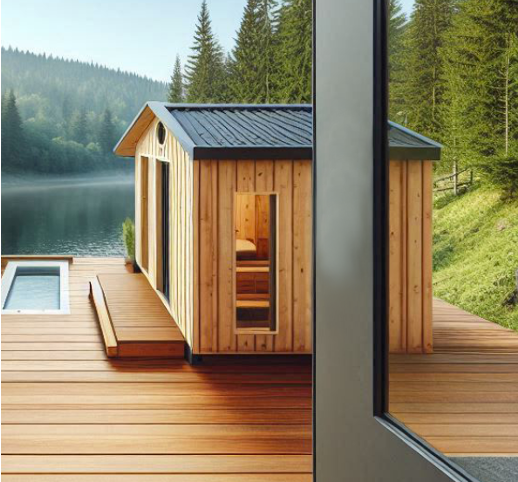 AI-generated recovery environment: a timber sauna cabin and sunken cold plunge on a wood deck beside a lake and pine forest.