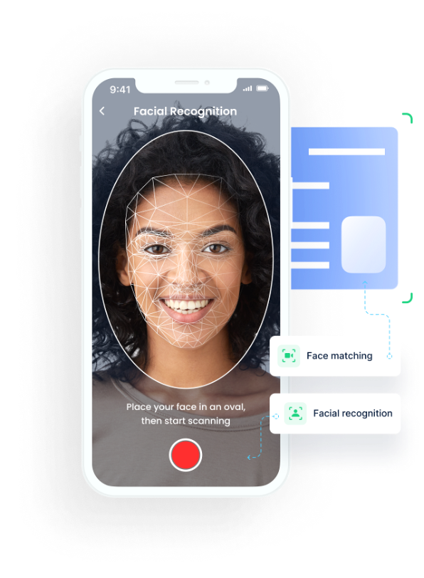 Safe Pickup prototype: a phone screen scanning a caregiver’s face inside an oval, with face matching and facial recognition callouts.