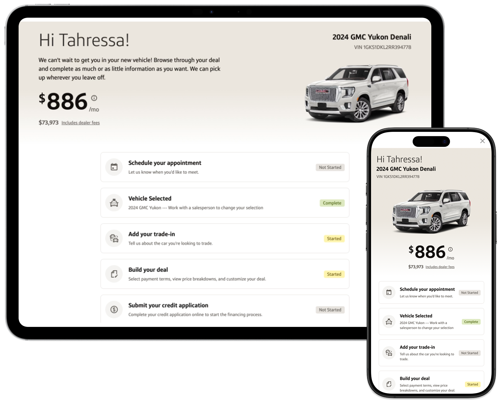 Car Buying Hub deal page on iPad and iPhone: Hi Tahressa, a 2024 GMC Yukon Denali at $886 per month, and a checklist of purchase steps with their status