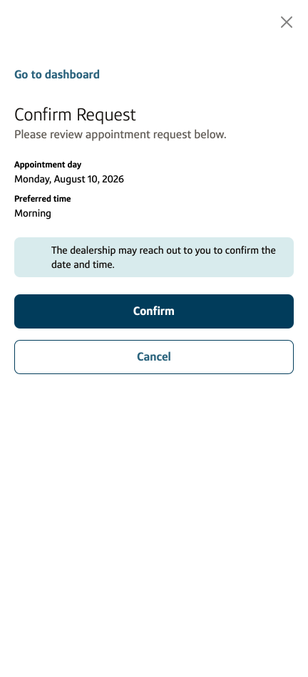 Confirm appointment request for Monday, August 10, 2026, morning, with Confirm and Cancel actions.