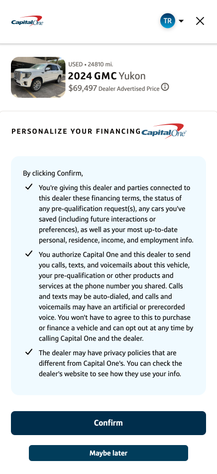Consent screen summarizing the financing terms and authorizations with a Confirm button.