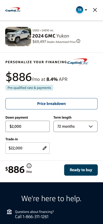 Personalize your financing on the dealership site: a 2024 GMC Yukon at $886/mo, 8.4% APR, with down payment, term, and trade-in, and a Ready to buy button.