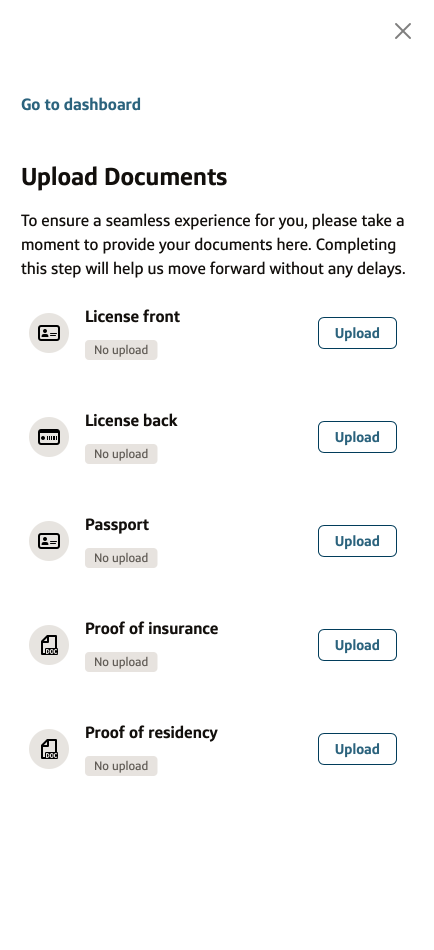 Upload Documents checklist: license front and back, passport, proof of insurance, and proof of residency, each with an Upload button.