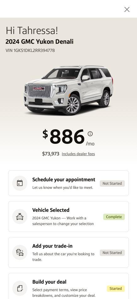 Car Buying Hub dashboard: a personalized 2024 GMC Yukon Denali at $886/mo with a checklist to schedule an appointment, build the deal, and add a trade-in.