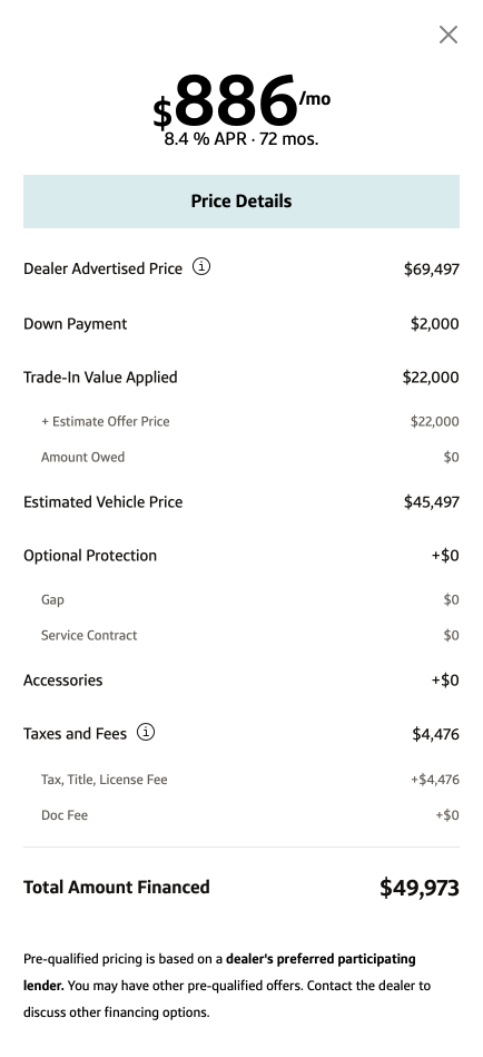 Price Details breakdown: dealer price, down payment, trade-in, taxes and fees, and total amount financed of $49,973.