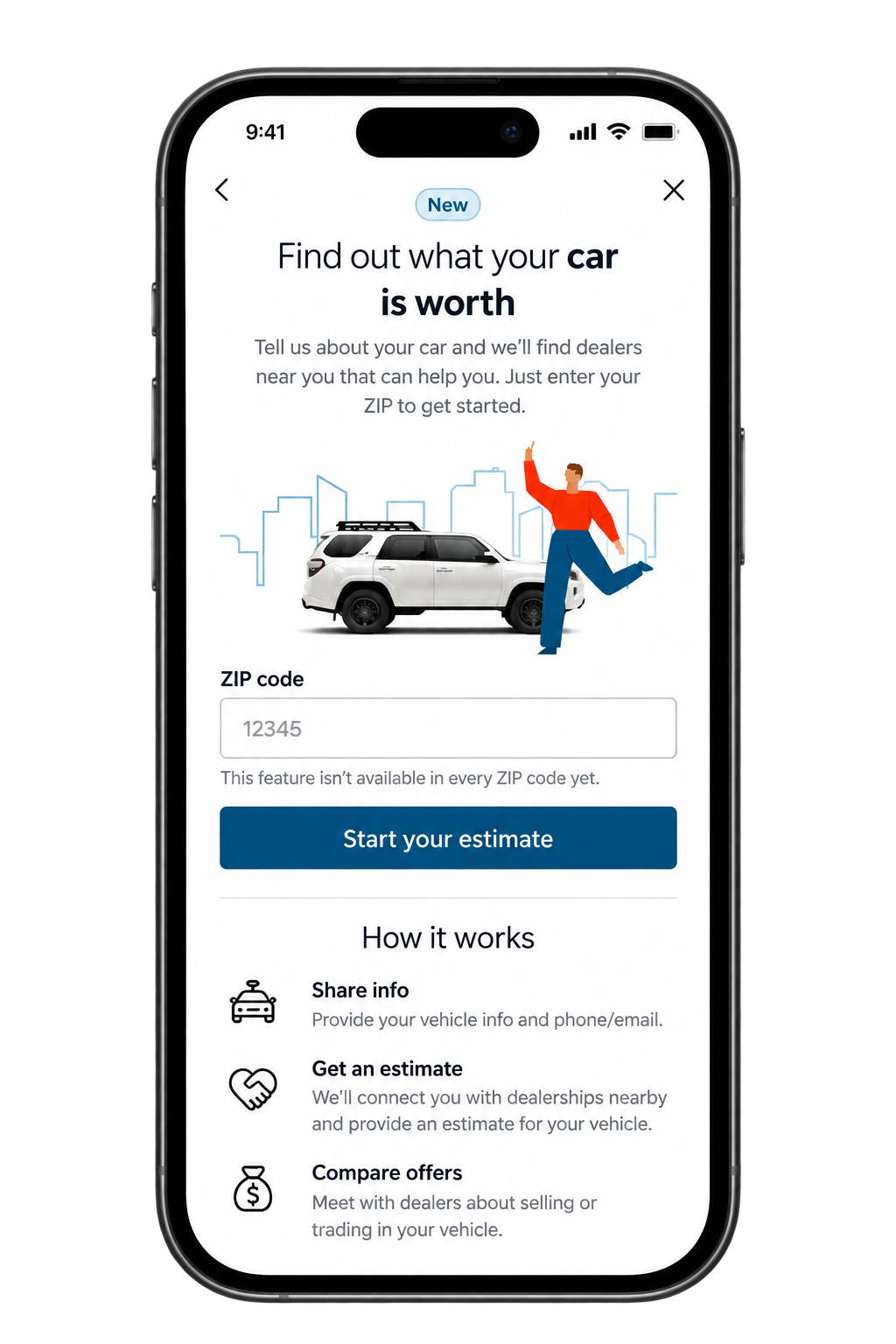 Trade-In landing screen on iPhone: Find out what your car is worth, with a ZIP code field and Start your estimate button
